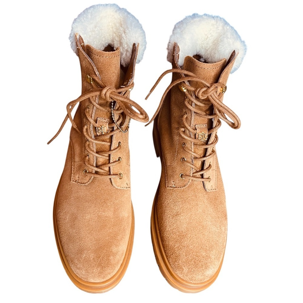 Lauren Ralph Lauren Carlee suede tan combat lace-up 
boots fauxshearling 8.5 New